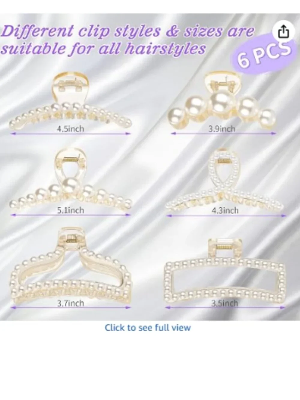 Pearl Hair Claw Clips, Large Barrettes for Thin, Thick, Curly or Long Hair, Whit